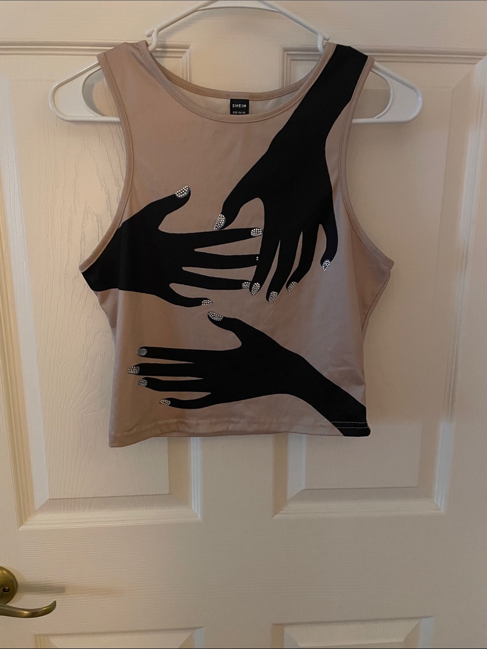 SHEIN Beige Cropped Tank Top with Black Hands and Rhinestone Nails, M